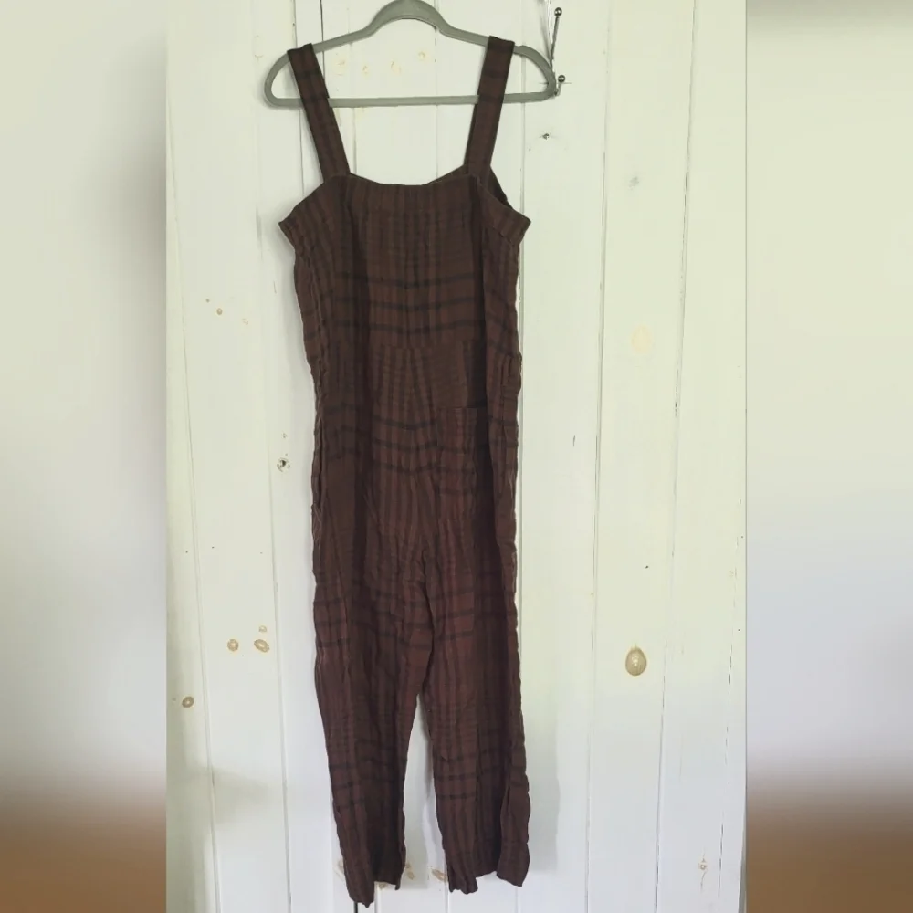 Everlane Linen Brown Black Plaid Button Down Jumpsuit